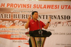 Wakil Gubernur Steven O.E Kandouw, ketika memberikan sambutan di acara peringatan hari buruh internasional (Mayday) Provinsi Sulut. 